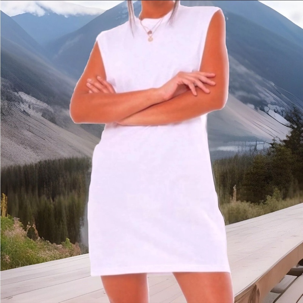 White Sleeveless Soft Cotton Oversized Vest Style Crew Neck T-Shirt Dress